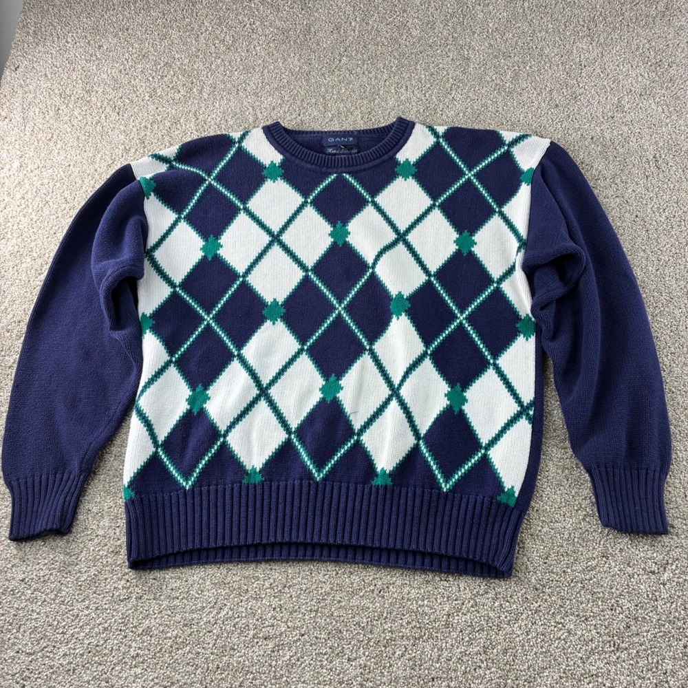GANT Hand Intarsia Argyle‎ Sweater Mens Large Cotton Blue Green White Preppy